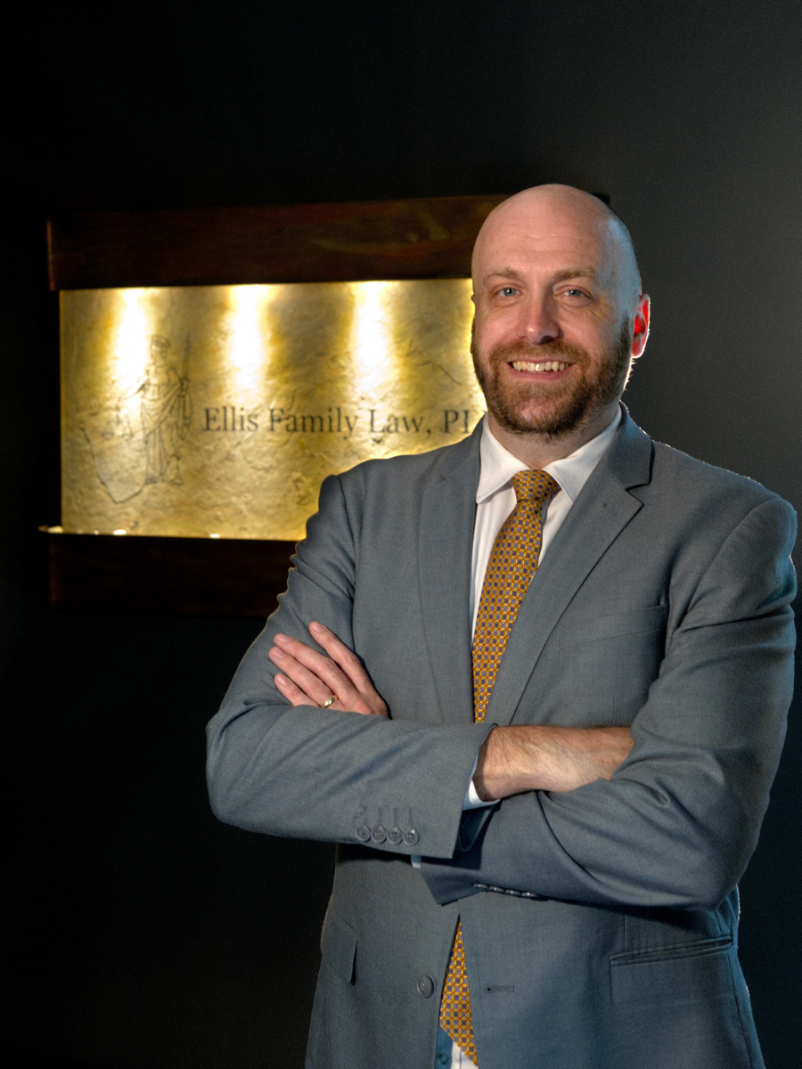Attorney standing before Ellis Family Law office sign